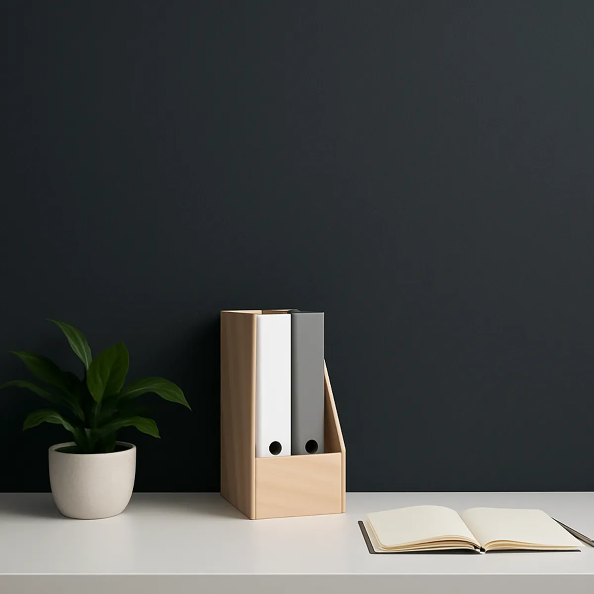 Ein Tisch mit einem offenen Notizbuch, einer Pflanze und zwei Aktenordnern.